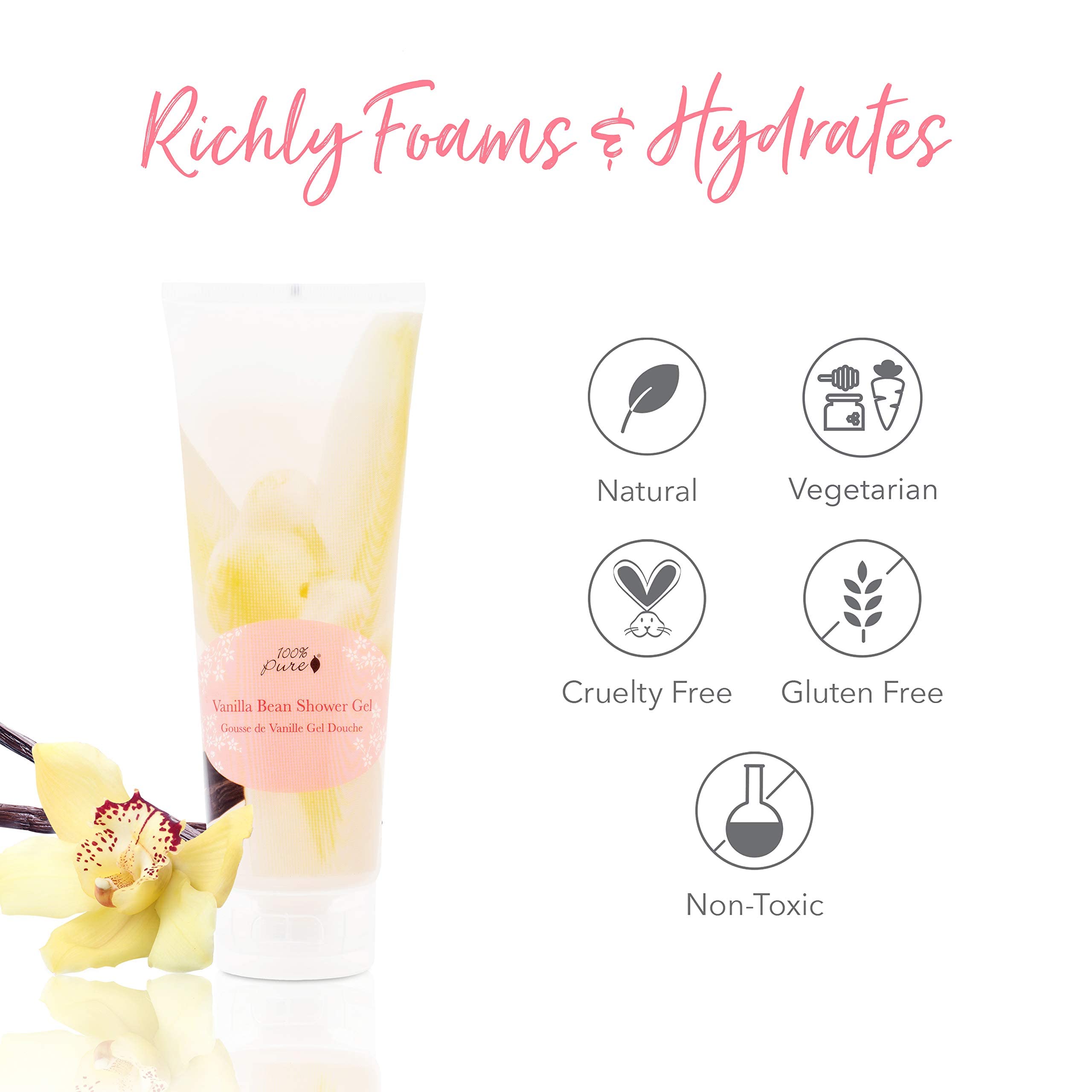Pump dispenser on 100% PURE Vanilla Bean Shower Gel for easy daily use