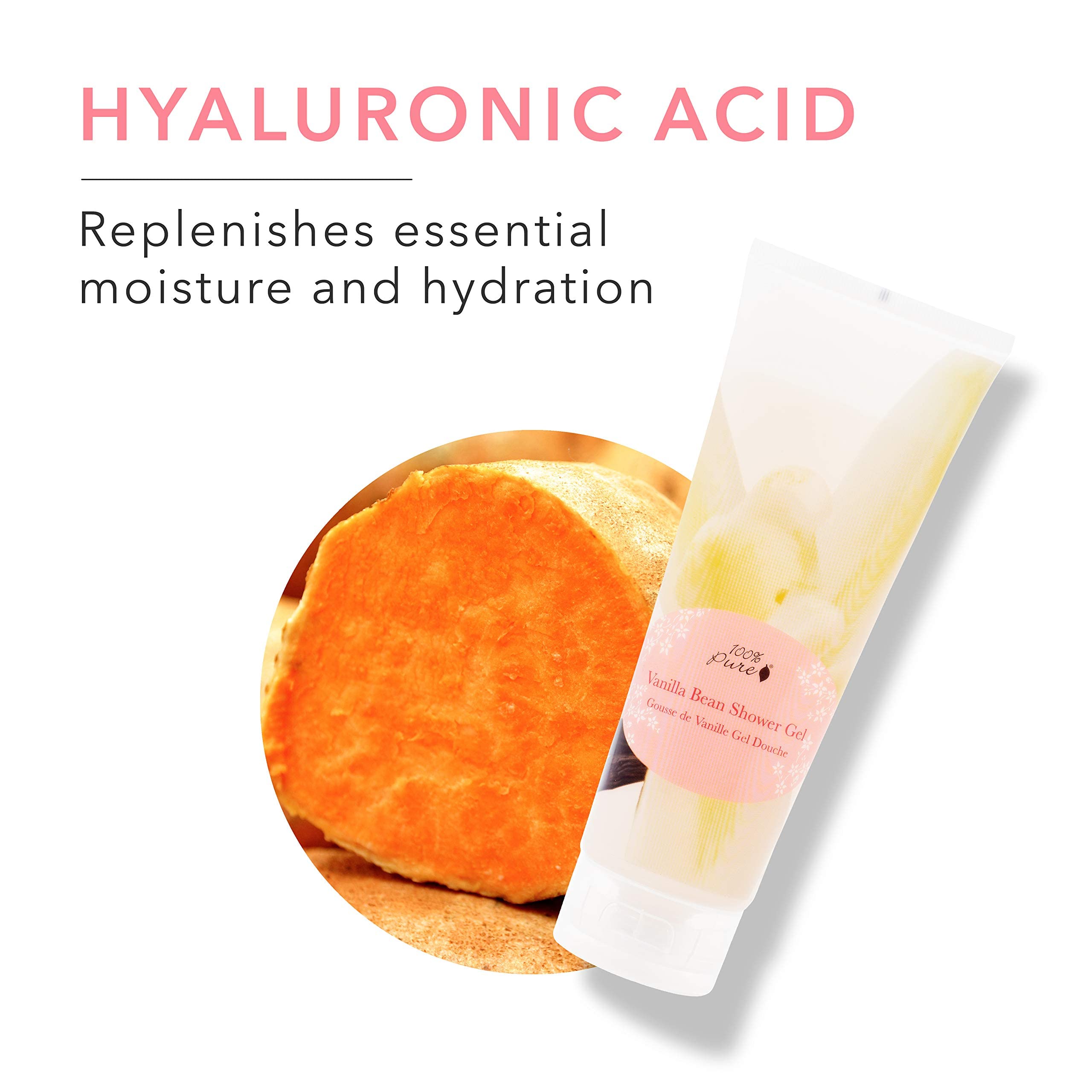 Rose hydrosol and green tea components in 100% PURE Vanilla Bean Shower Gel for refreshed feel