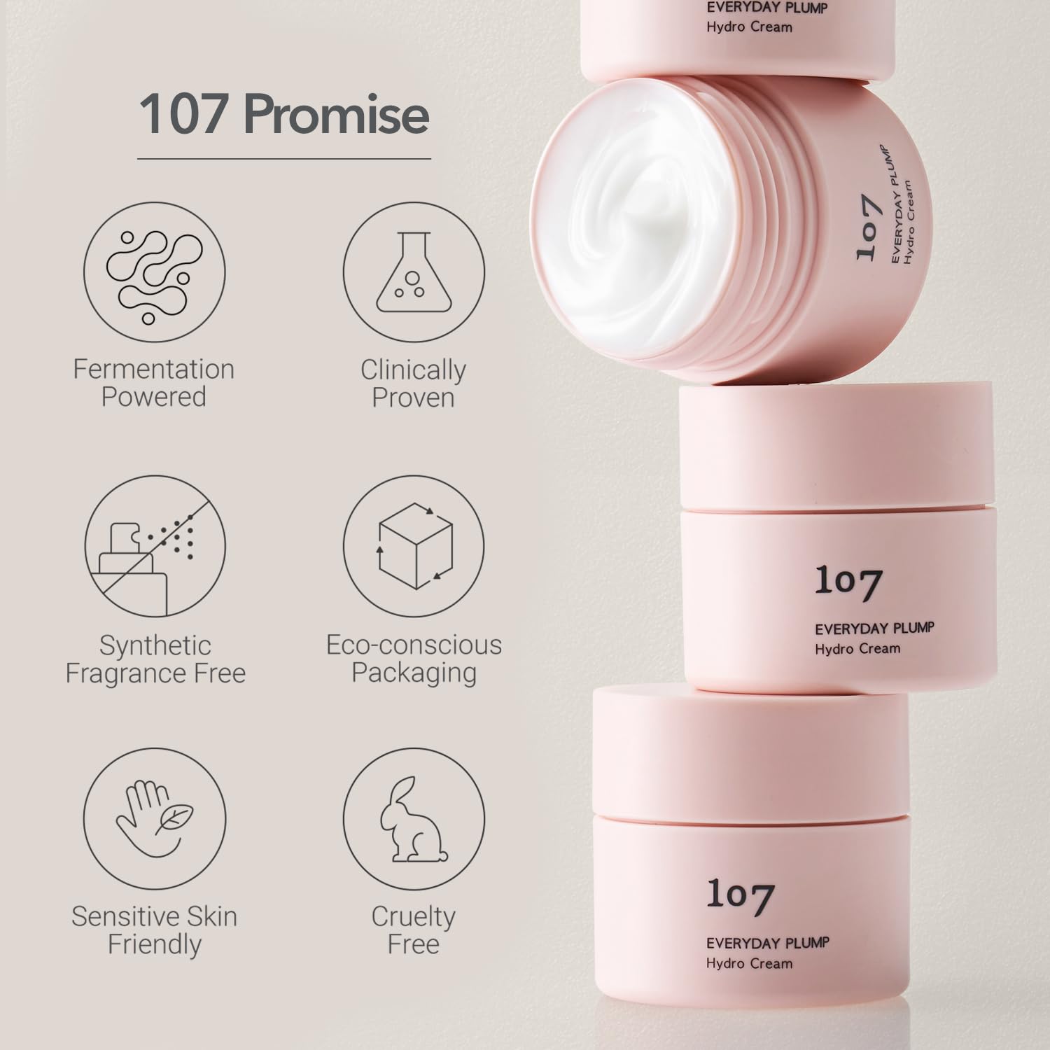 Ceramides and hyaluronic acid in 107 Everyday Plump Hydro Cream provide hydration