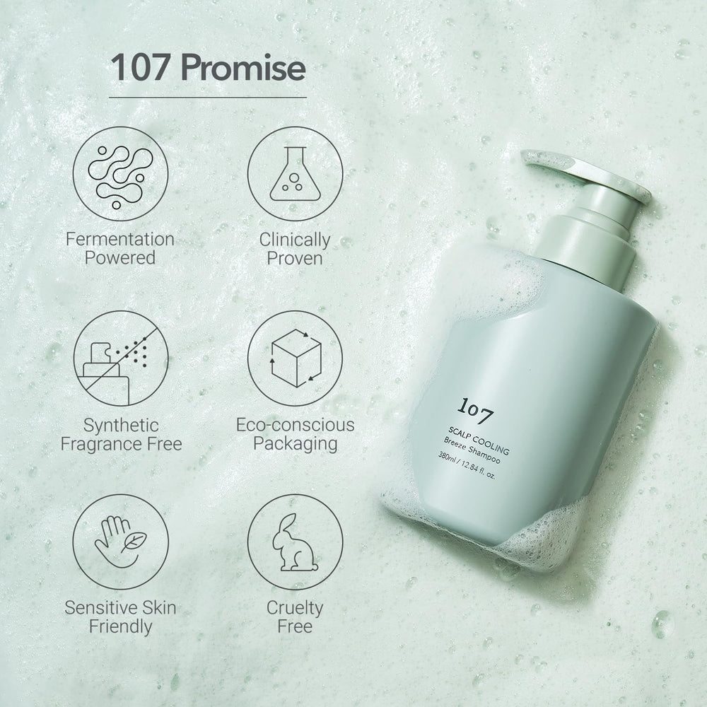 107 Scalp Cooling Breeze Shampoo after workout, refreshing and odor-neutralizing.