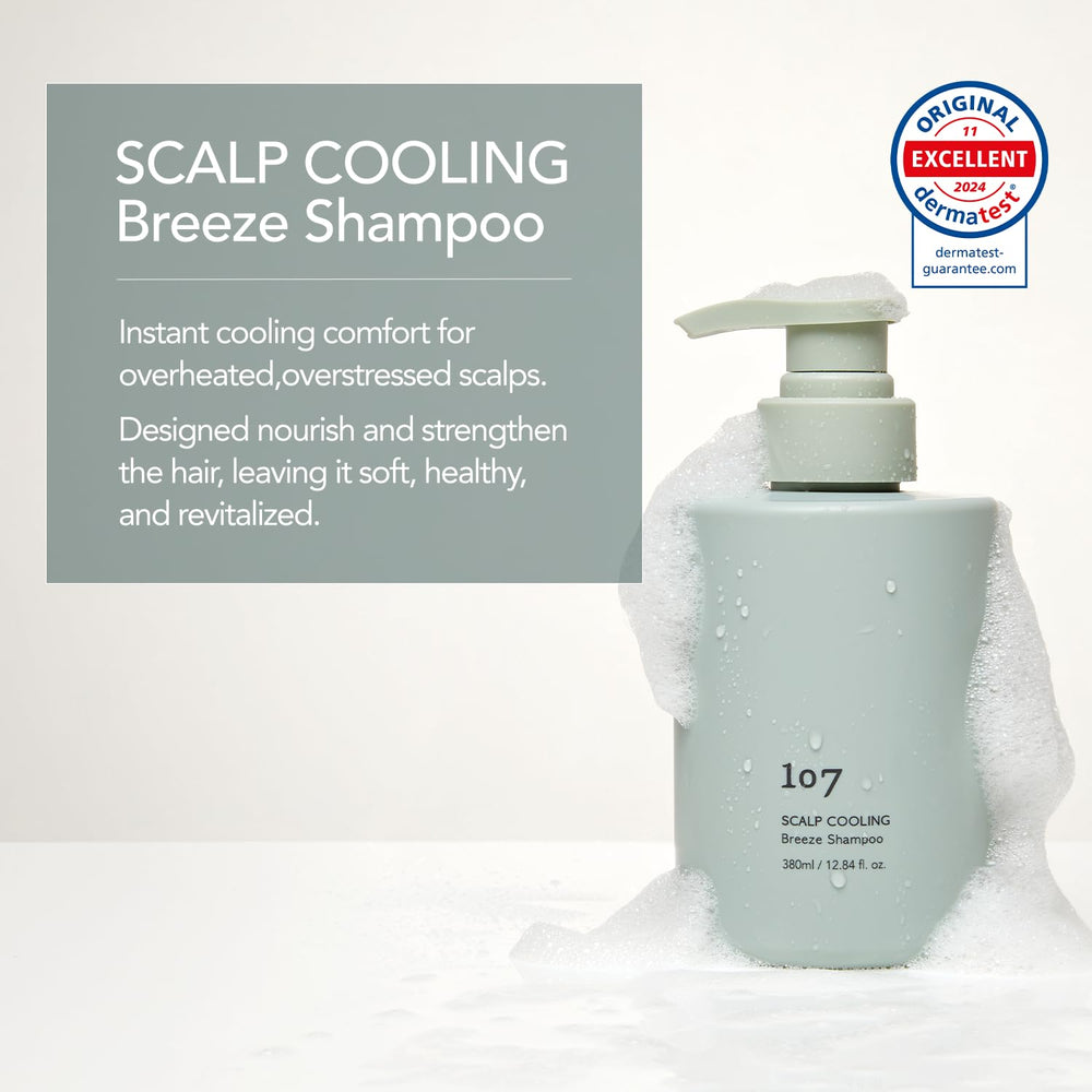 107 Scalp Cooling Breeze Shampoo being poured, delivering a cooling cleanse.