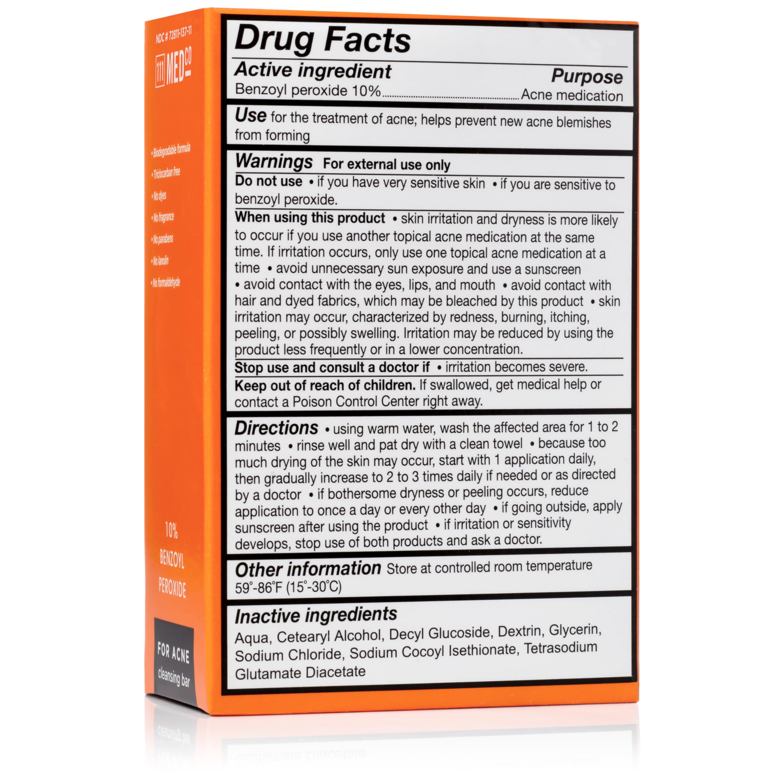 111MedCo BPO bar close-up shows fragrance-free formula for sensitive skin.