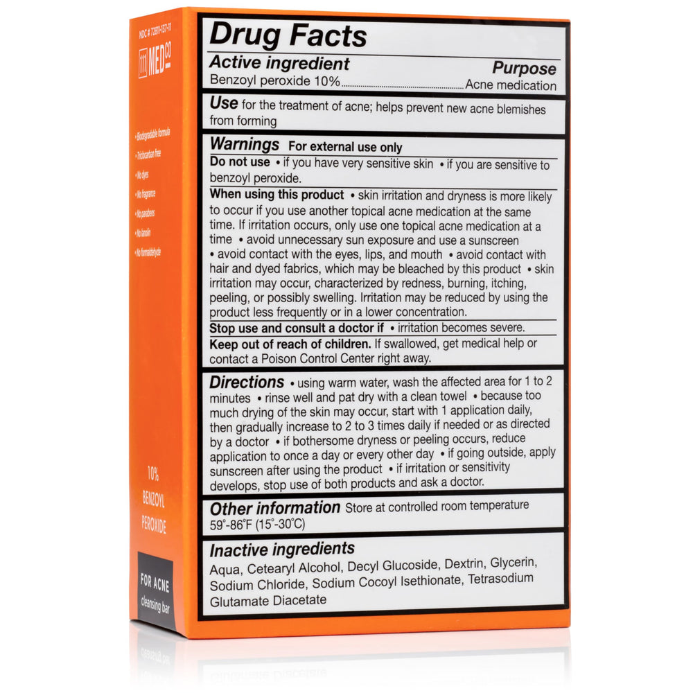 111MedCo BPO bar close-up shows fragrance-free formula for sensitive skin.