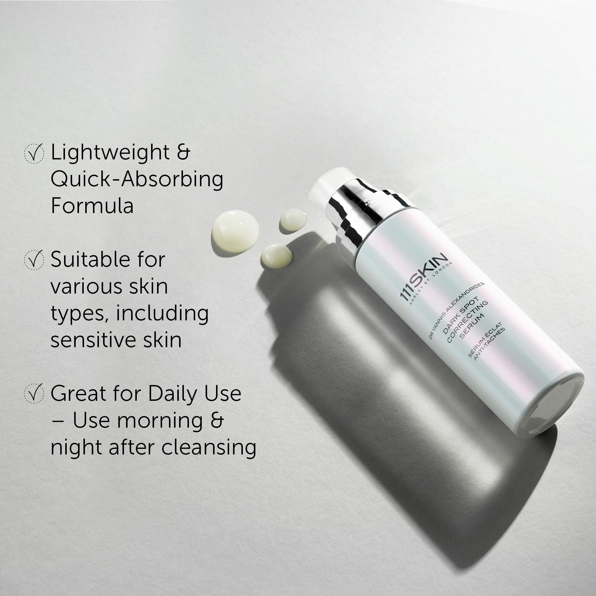 111SKIN application routine on clean skin emphasizing quick absorption