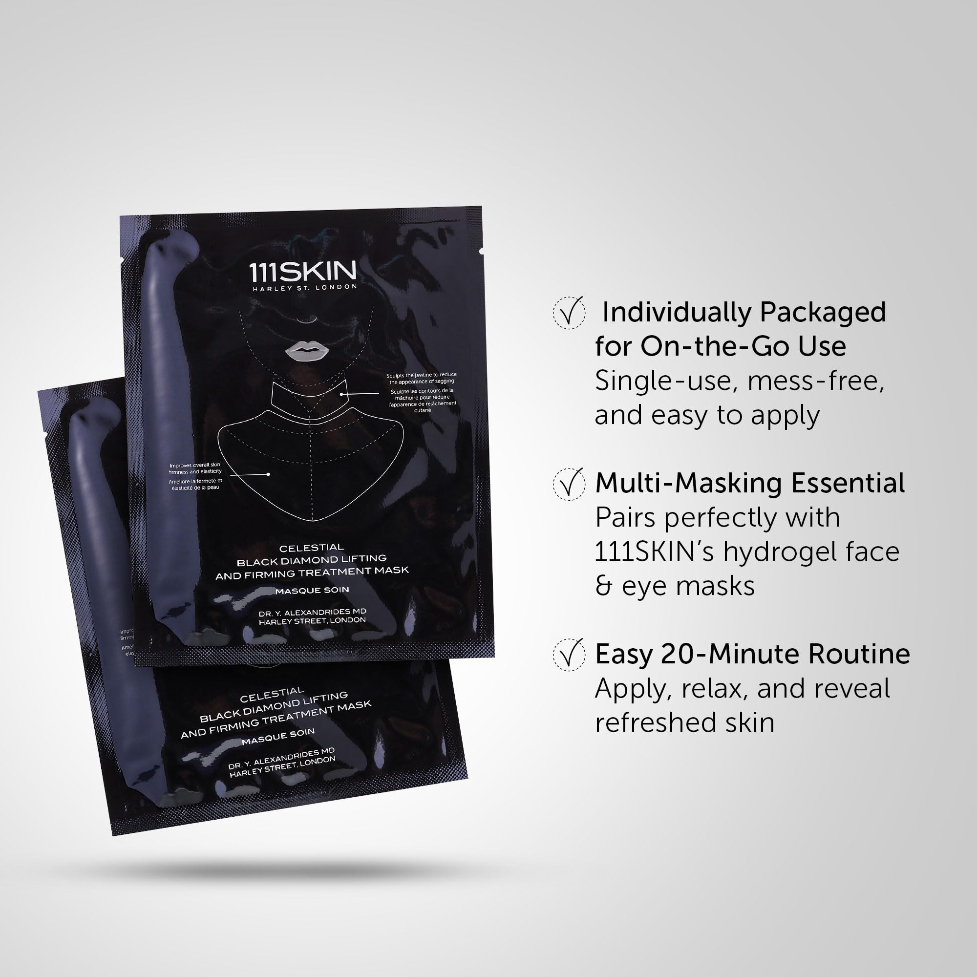Box of 111SKIN Black Diamond Neck Masks showing five individually wrapped patches.