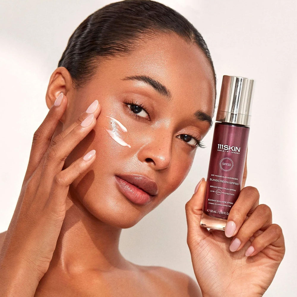 111SKIN Sunscreen texture on skin demonstrating lightweight, non-comedogenic finish