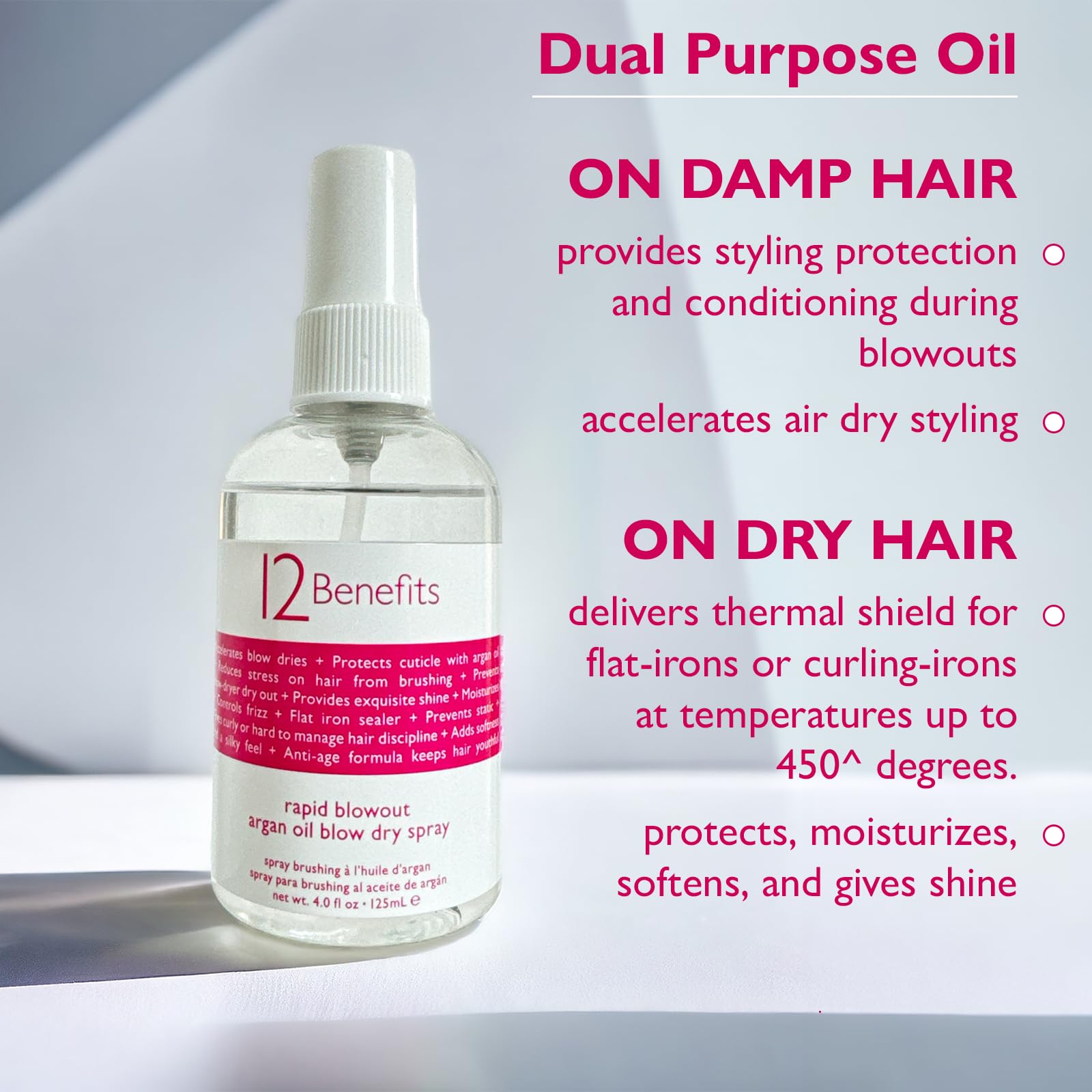 12 Benefits Rapid Blowout argan oil-infused spray nourishes and hydrates hair.