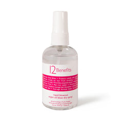 12 Benefits Rapid Blowout bottle closeup highlights weightless formula for smooth, frizz-free styling.