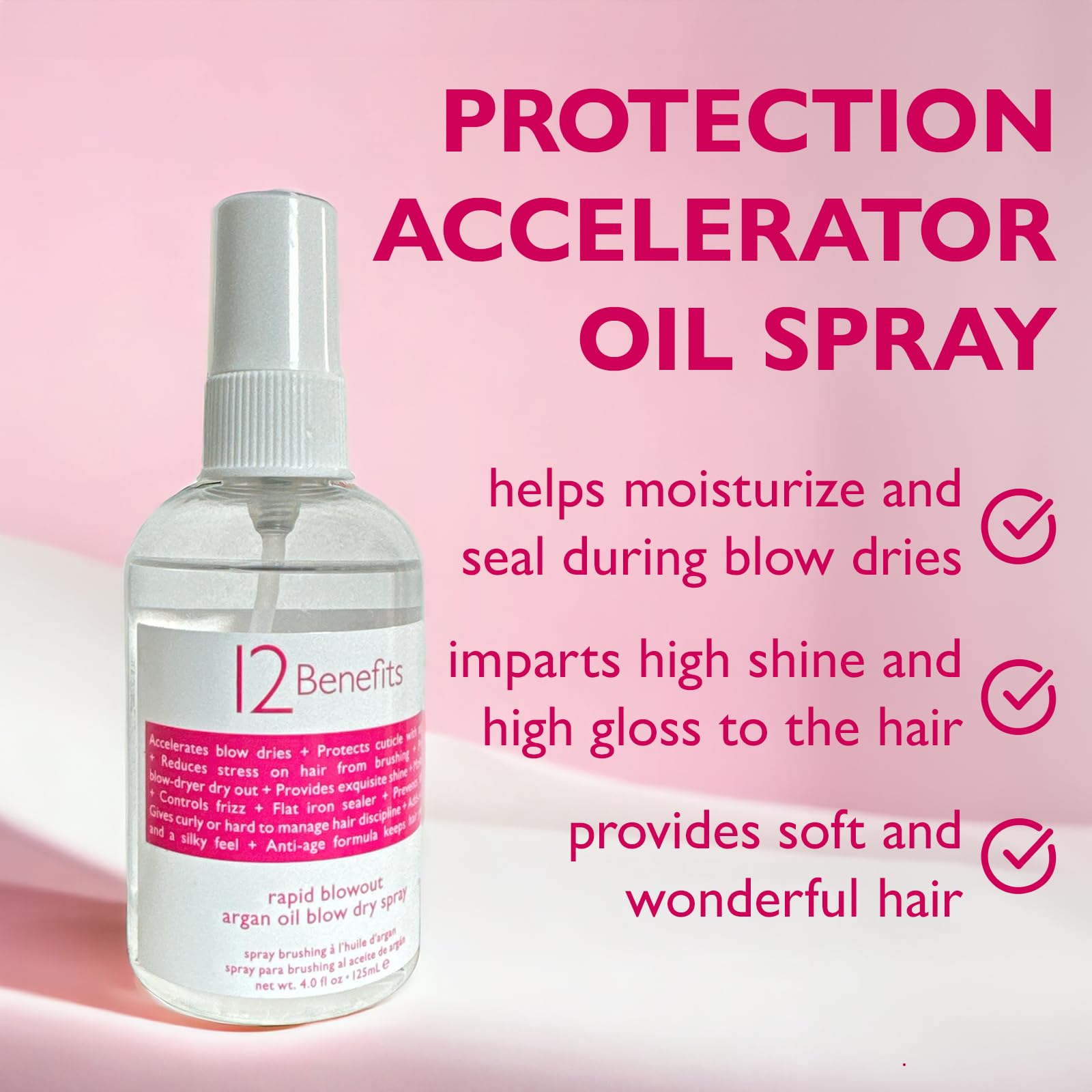 12 Benefits Rapid Blowout spray application demonstrates fast drying with heat protection during styling.