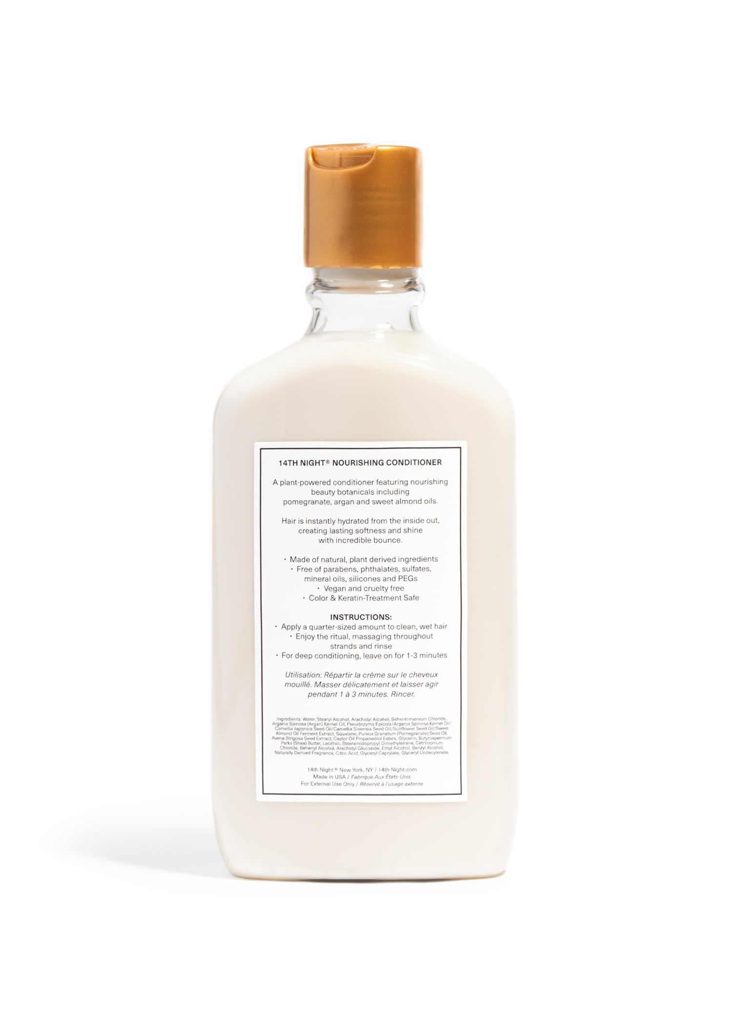 14th Night Nourishing Conditioner bottle back label with vegan cruelty-free details.