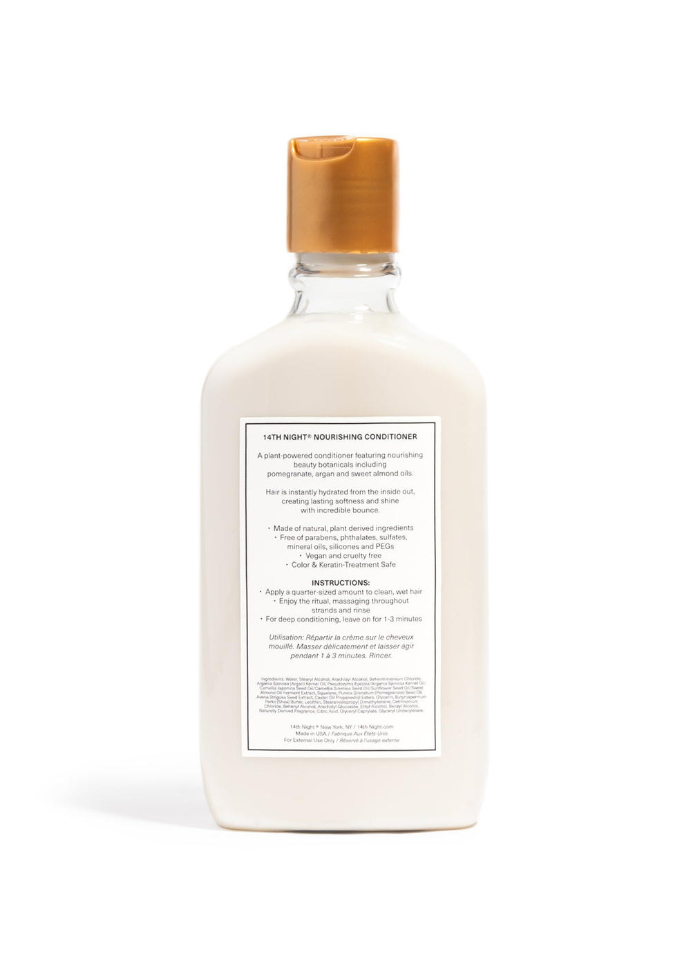 14th Night Nourishing Conditioner bottle back label with vegan cruelty-free details.
