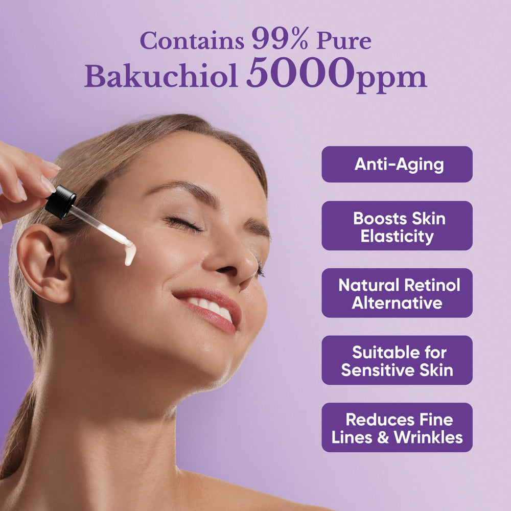 Close-up of 1HEROLABS Bakuchiol serum application, lightweight formula ideal for sensitive skin.