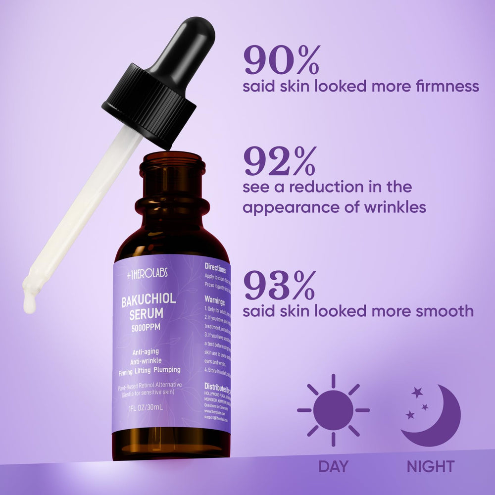 1HEROLABS Bakuchiol serum bottle on a clean surface suggests safe daytime use.