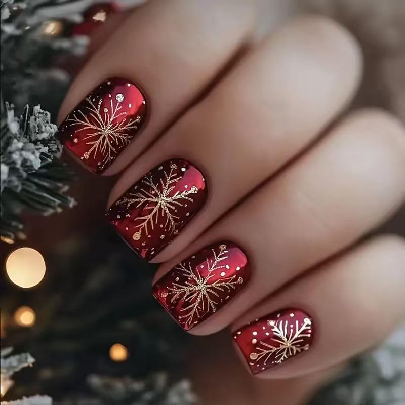 24Pcs Christmas Press on Nails red snowflake glitter for festive, quick manicure