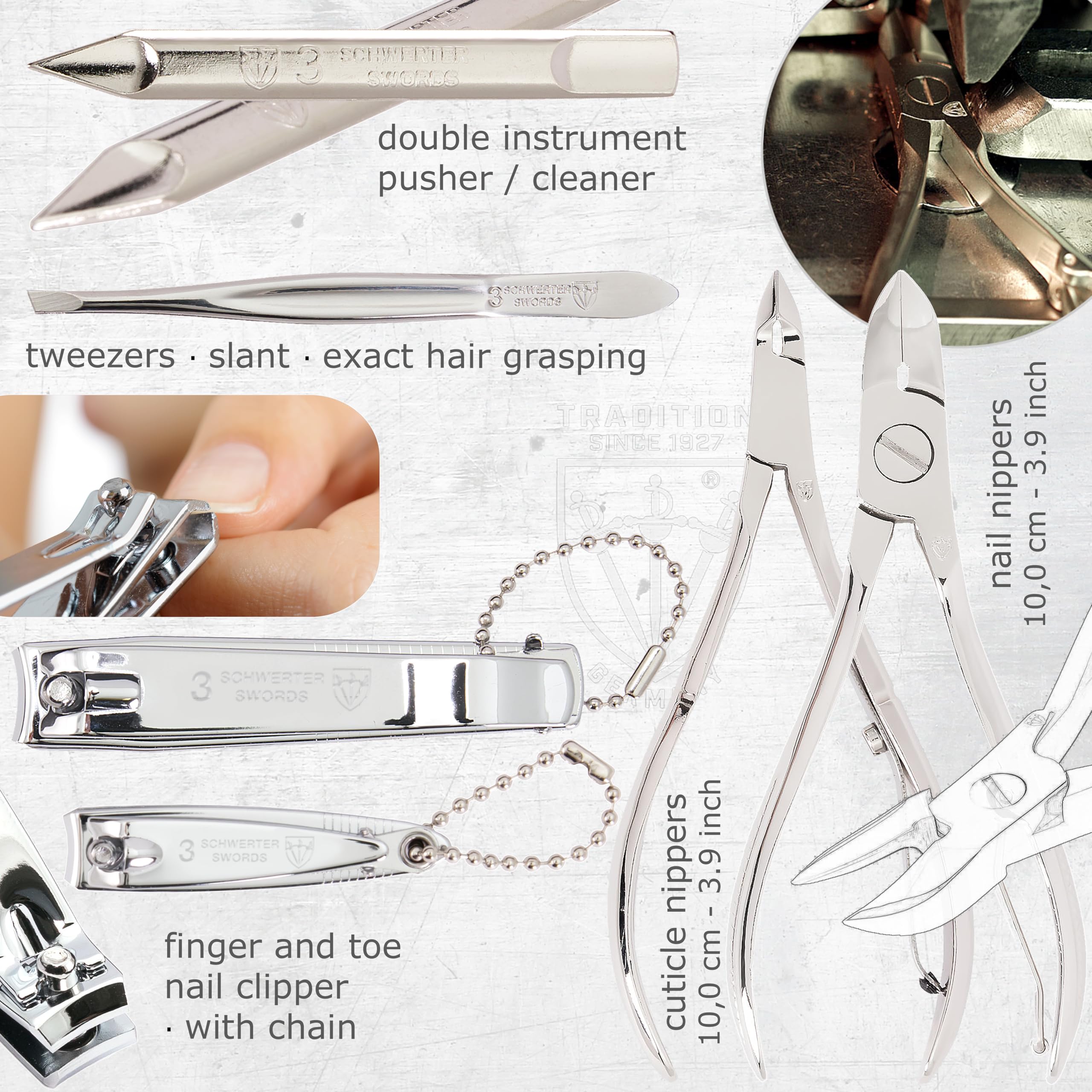 Professional manicure tools layout by 3 Swords Germany for precise grooming