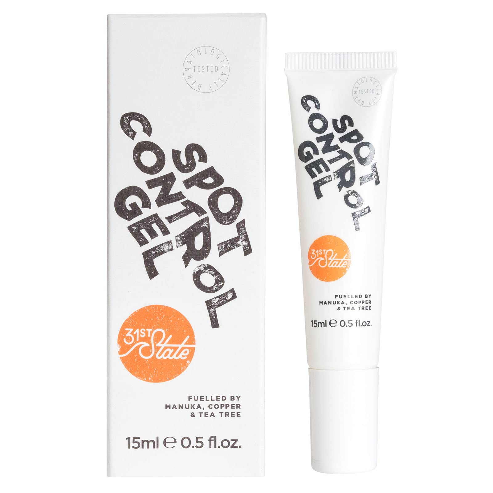 Icons for tea tree, witch hazel, and minerals featured with 31st State Spot Control Gel