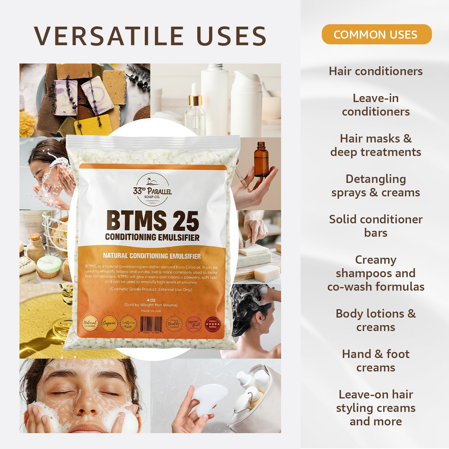 33rd Parallel BTMS 25 emulsifier bottle label, premium cosmetic-grade wax for creamy formulas.