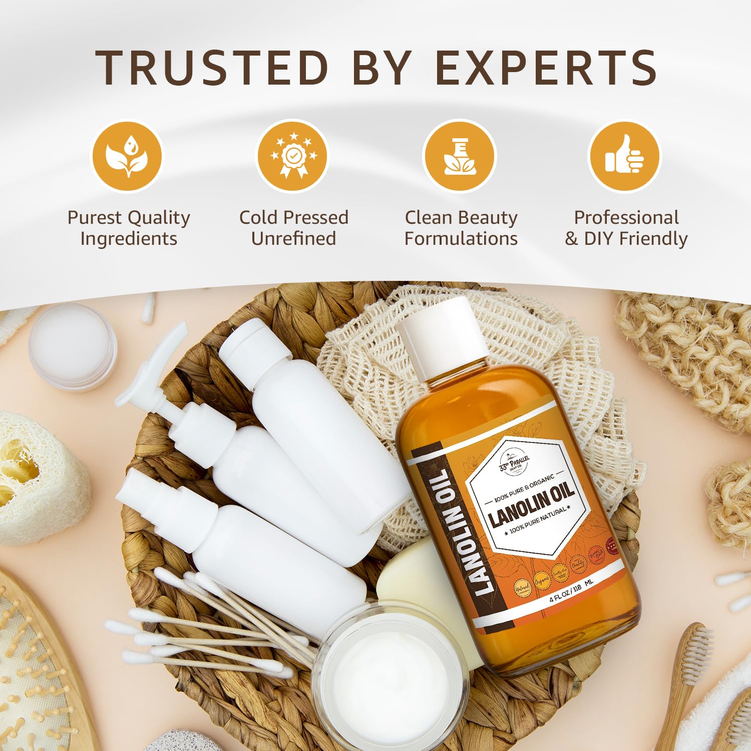33RD PARALLEL SOAP CO. Lanolin Oil hands-application demonstrates soothing moisturization.