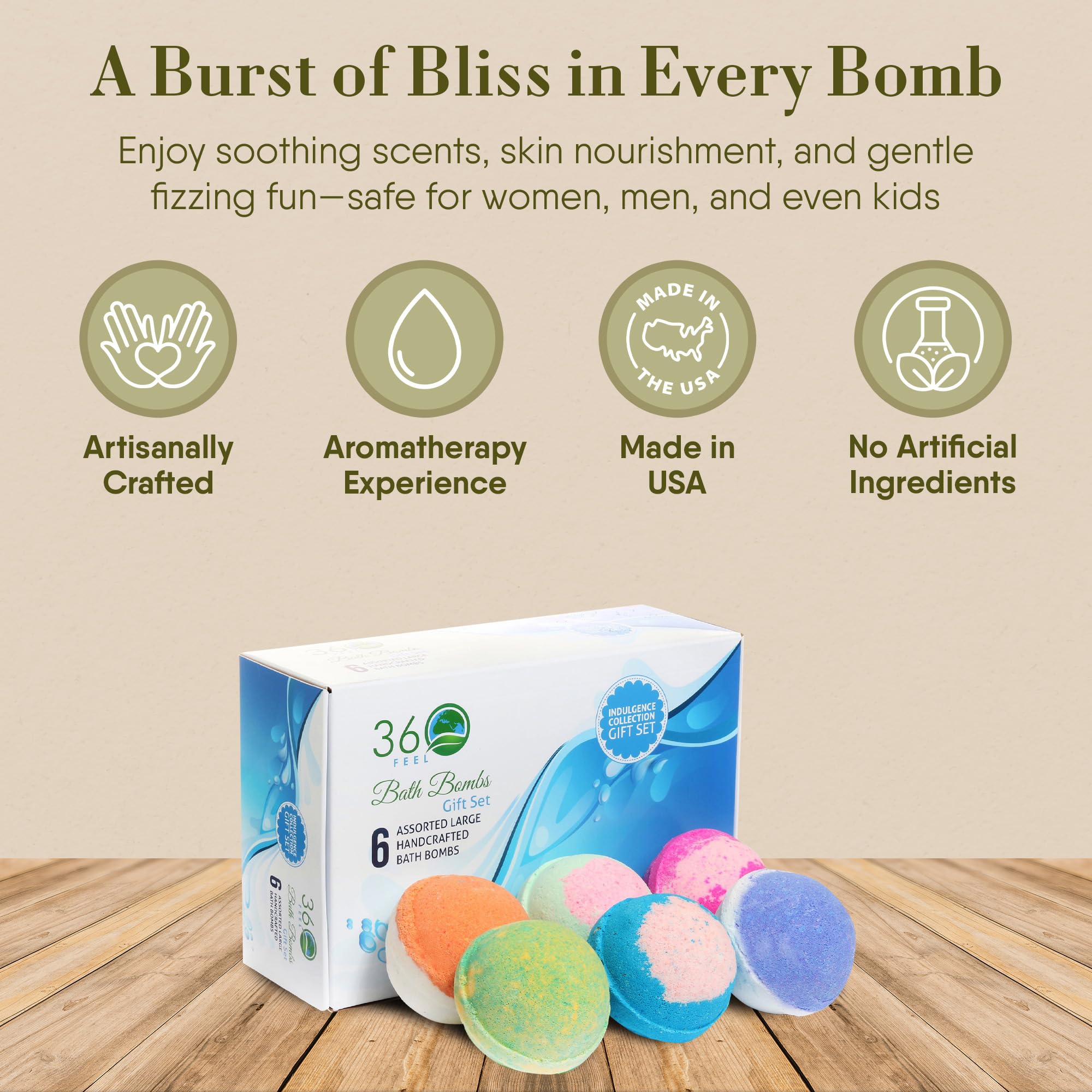 360Feel bath bombs essential oils provide calming scents and skin-friendly hydration.