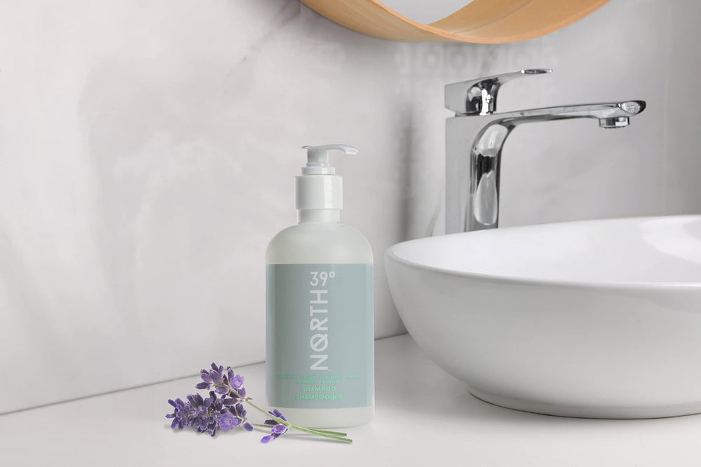 39° North Shampoo label showing hotel-grade quality for home spa moments