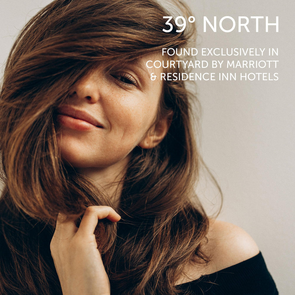 Bathroom display of 39° North Shampoo evokes hotel amenities at home