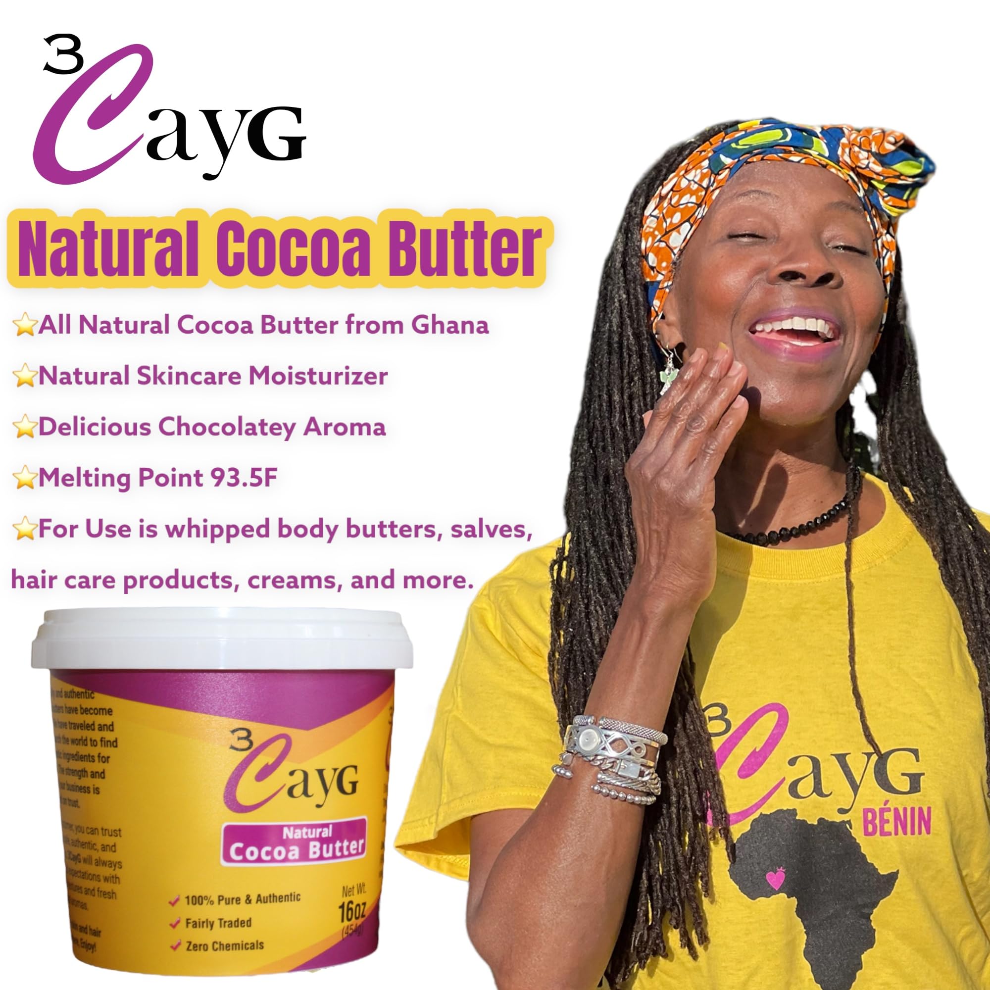 3CAYG Cocoa Butter on dry skin nourishes and softens