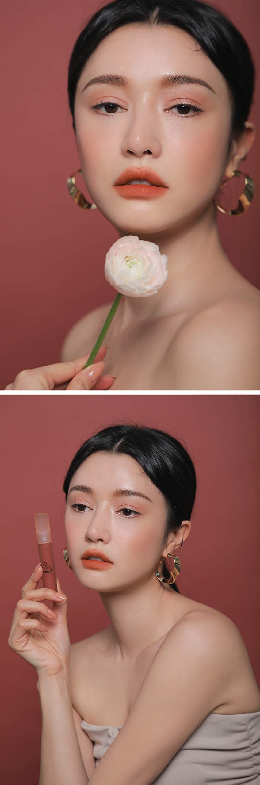 3CE Blur Water Tint on lips demonstrates a soft, non-sticky finish