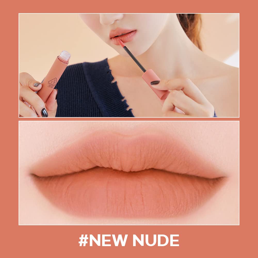3CE Velvet Lip Tint New Nude on lips reveals a dewy feel under a matte finish.