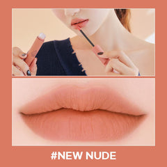 3CE Velvet Lip Tint New Nude on lips reveals a dewy feel under a matte finish.