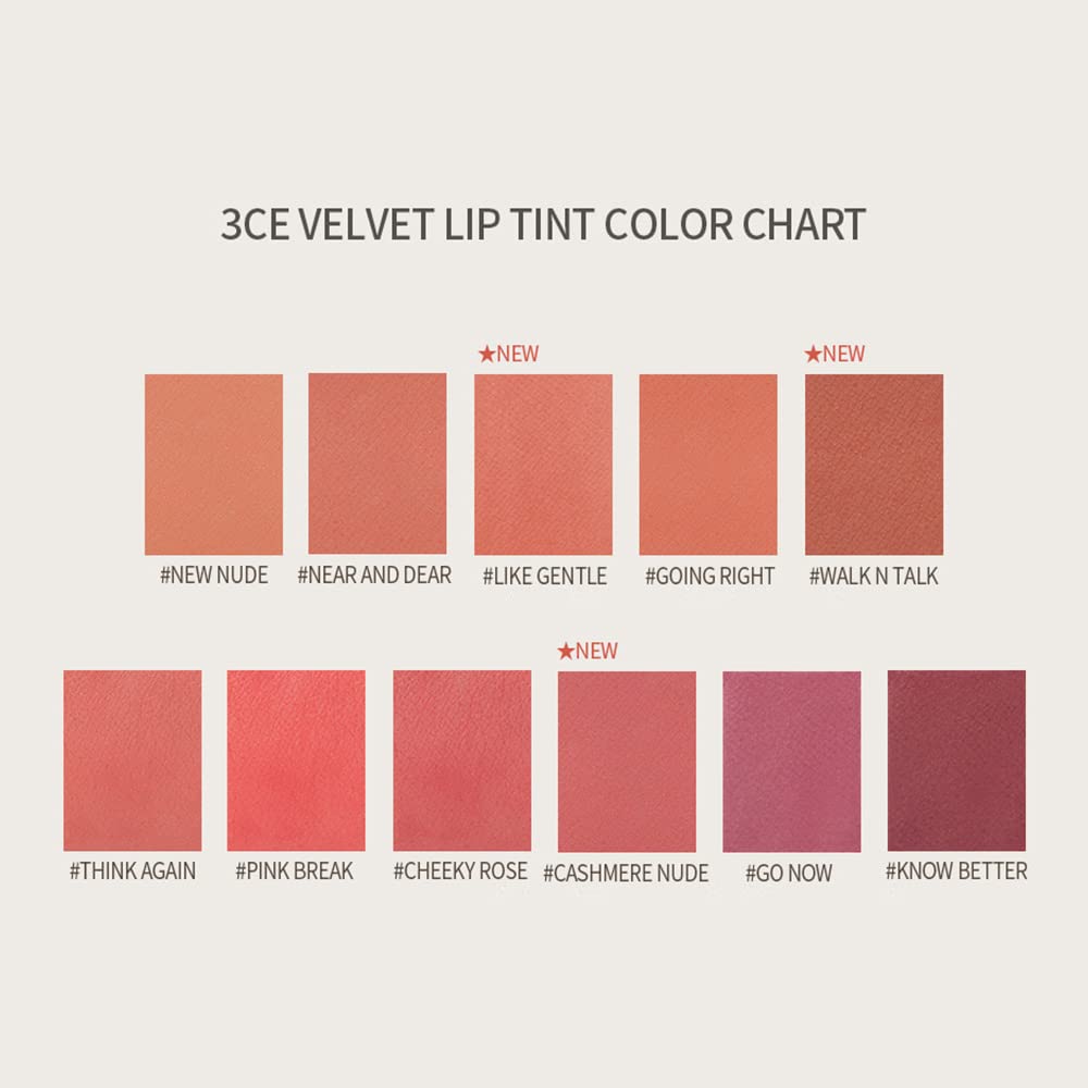 Close-up in natural light of 3CE Velvet Lip Tint New Nude showing color depth.