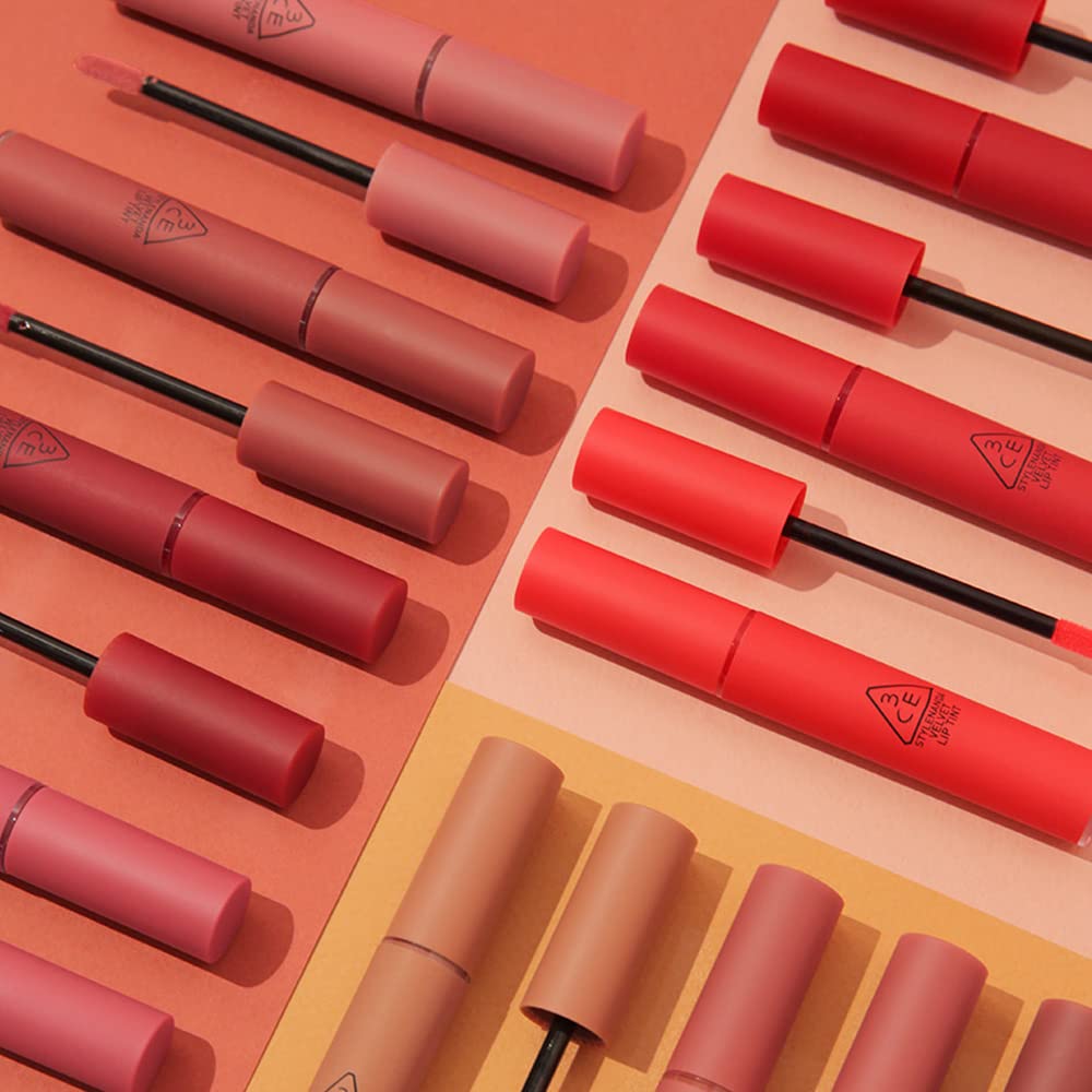 Product shot of 3CE Velvet Lip Tint New Nude highlighting the oil-packed formula.