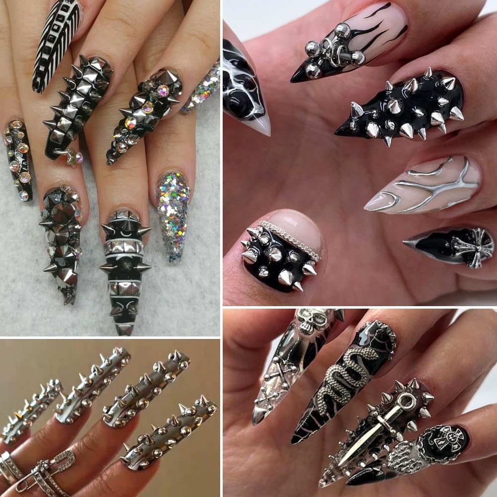 3D Mini Metal Punk Nail Art Studs 6-grid box keeps pieces organized