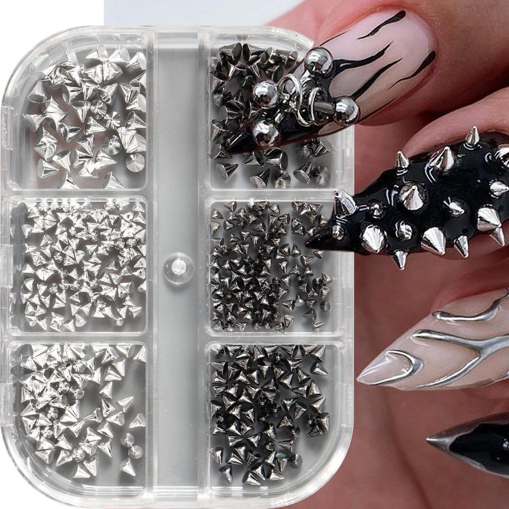 3D Mini Metal Punk Nail Art Studs black cone spikes create a dramatic edgy look