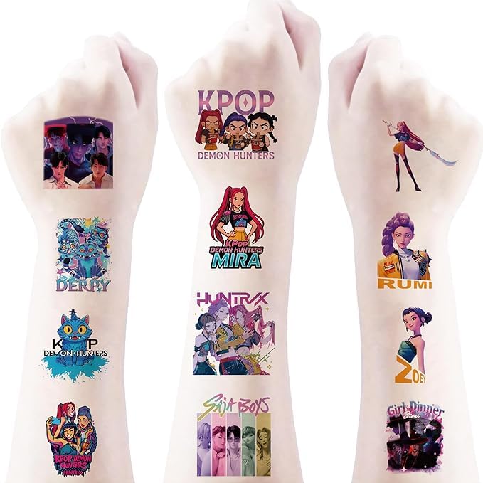 50Pcs Sheets Kpop Demon tattoos with assorted designs for kids' party favors.