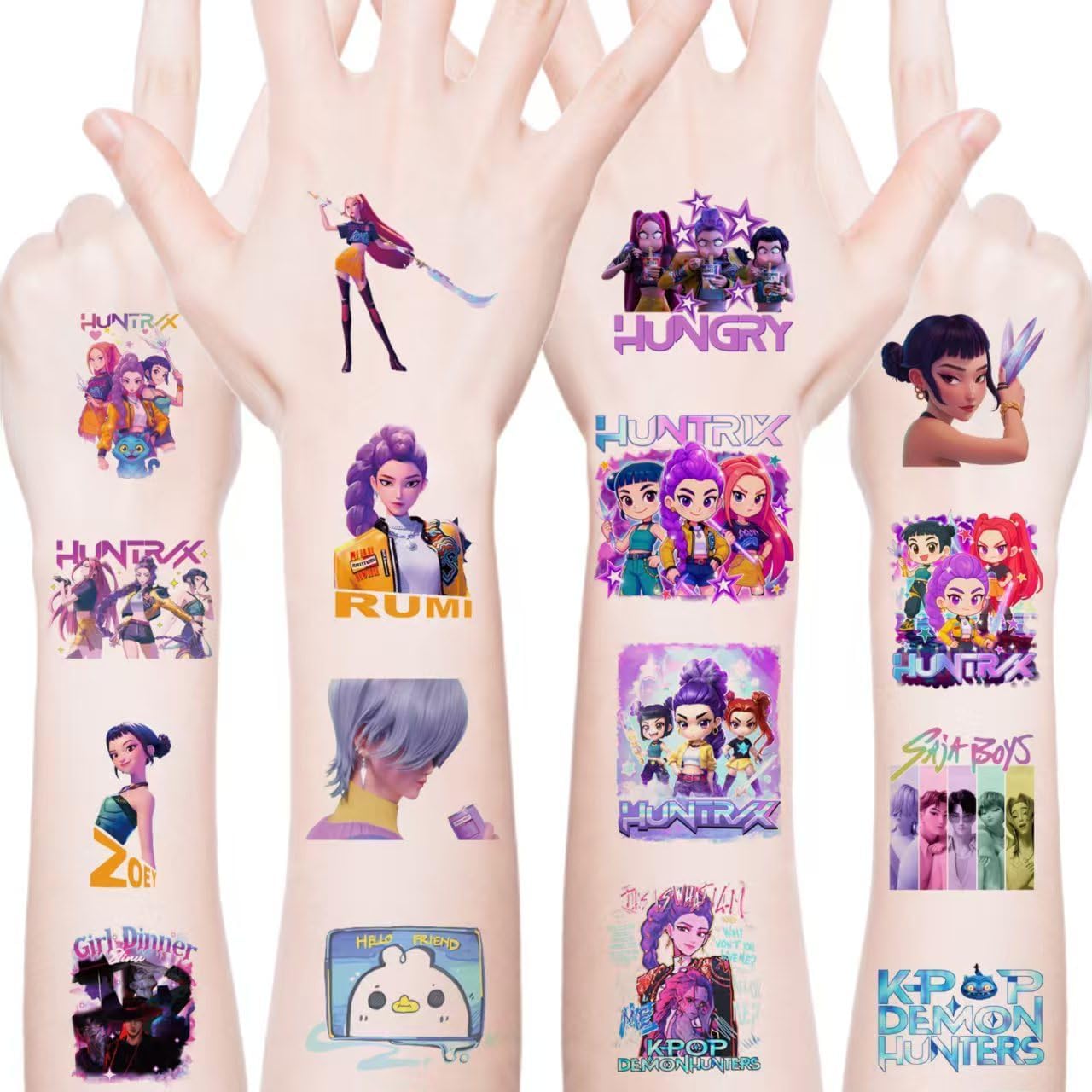 50Pcs Sheets Kpop Demon tattoos feature kid-friendly artwork for at-home activities.