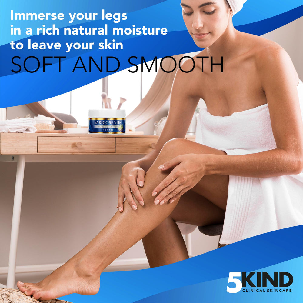 5Kind cream massaged into leg shows quick-absorbing formula.