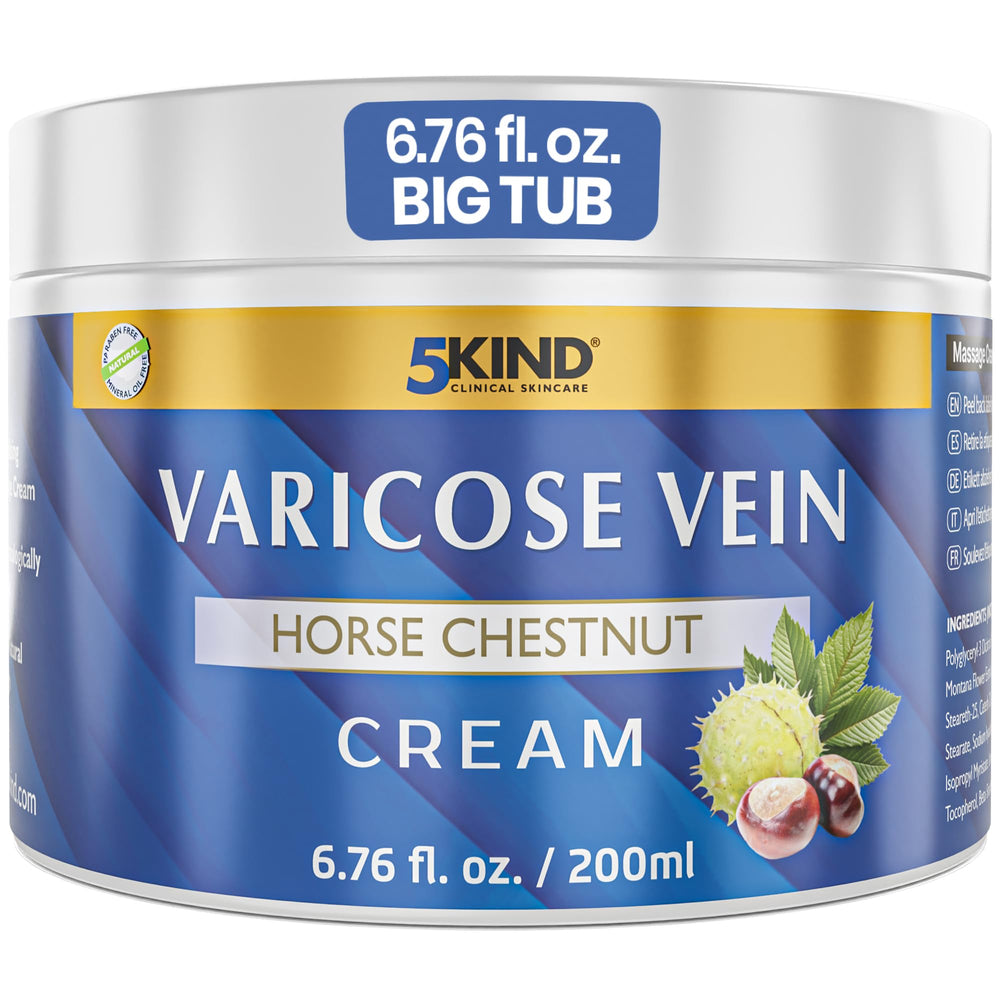 5Kind varicose veins cream bottle closeup, signaling premium packaging for leg care.