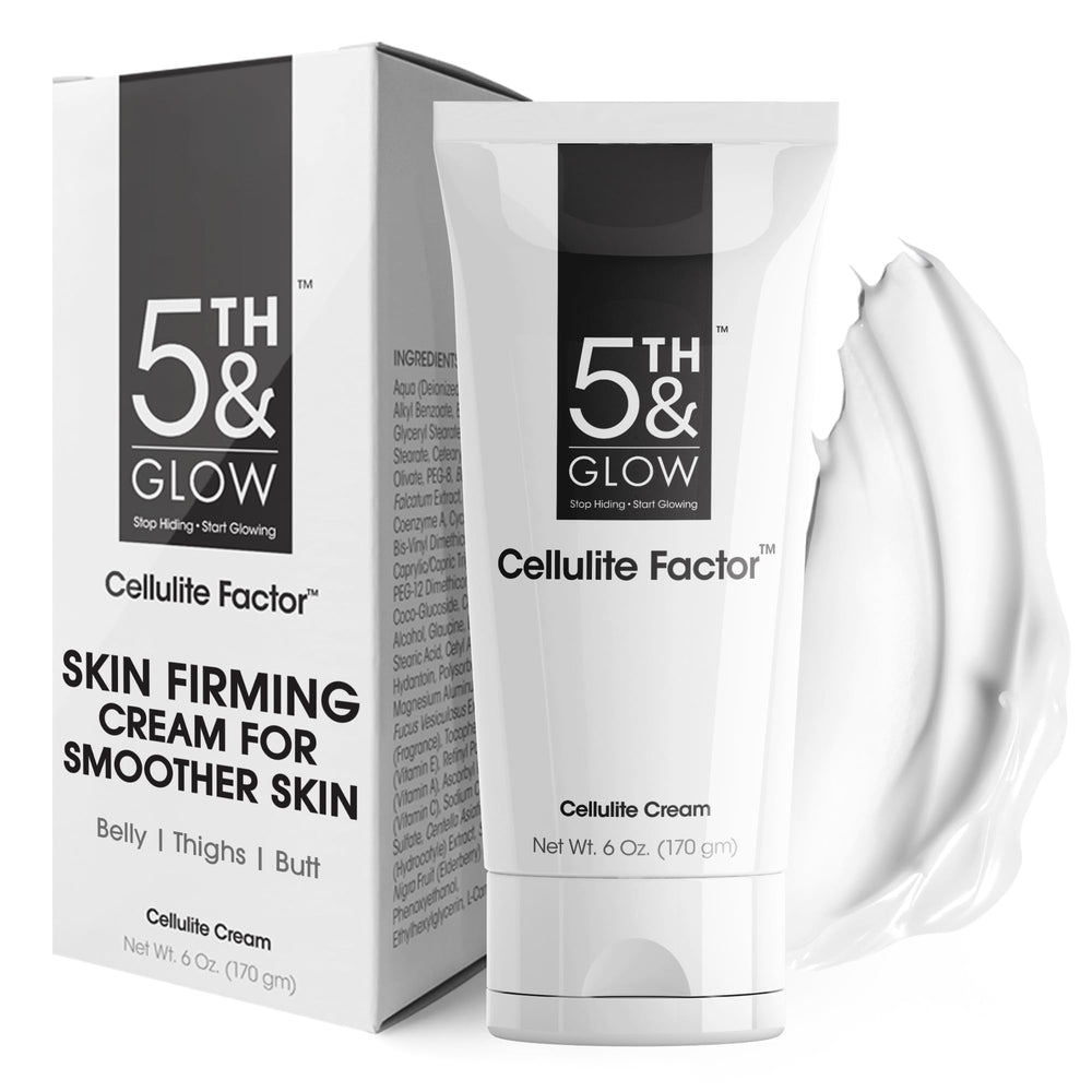 5th & Glow Cellulite Factor bottle closeup showing premium packaging for firmer skin
