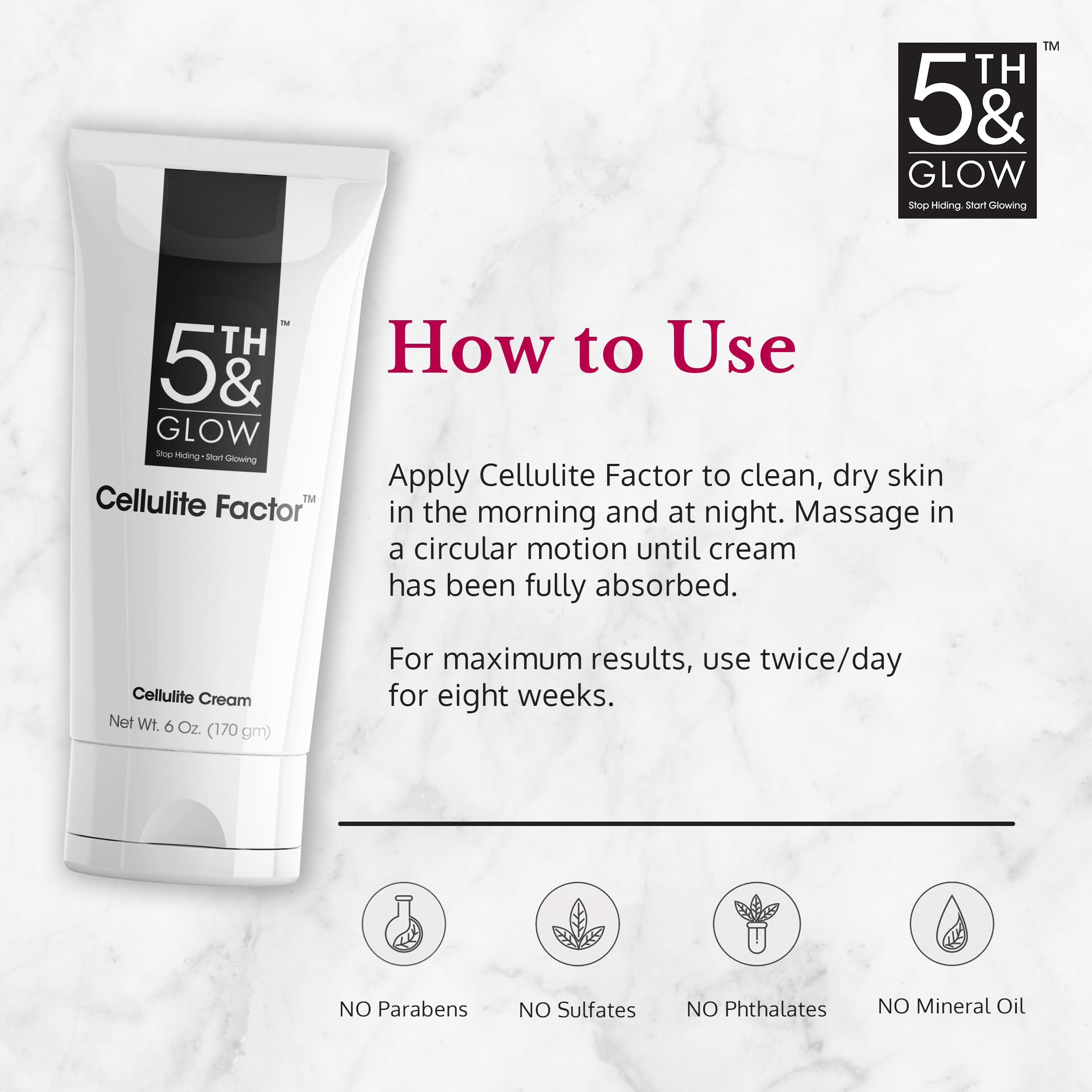 5th & Glow Cellulite Factor packaging on bathroom counter for display