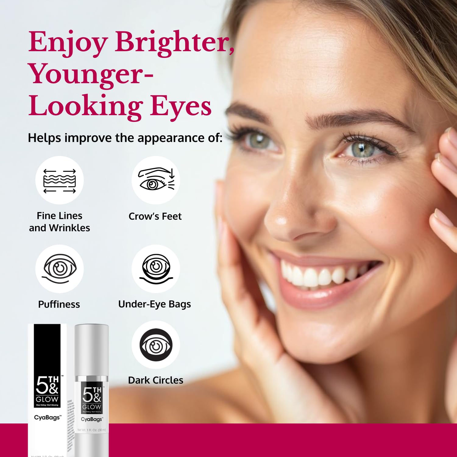 5th & Glow Cyabags serum swirl shows hydrating texture for a quick lift