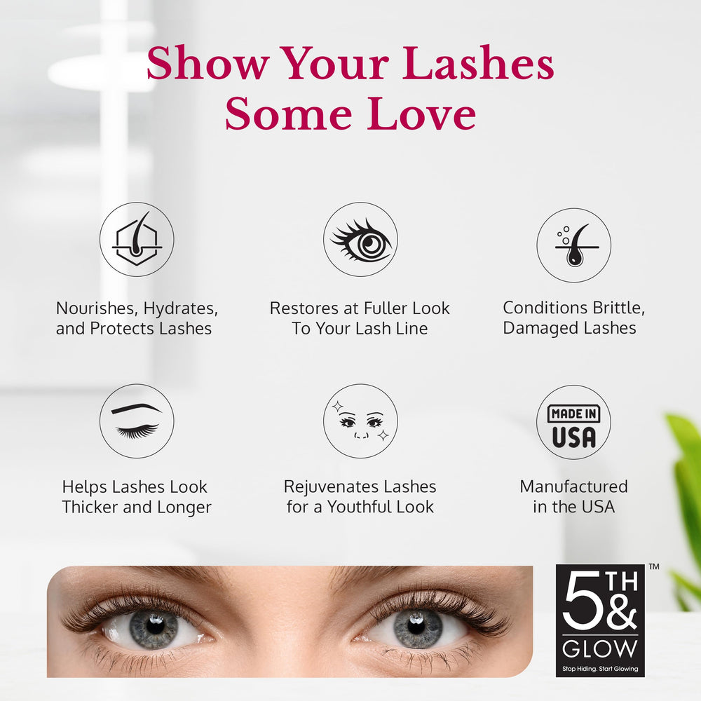 5th & Glow Miracle Lash serum application close-up demonstrating gentle care.