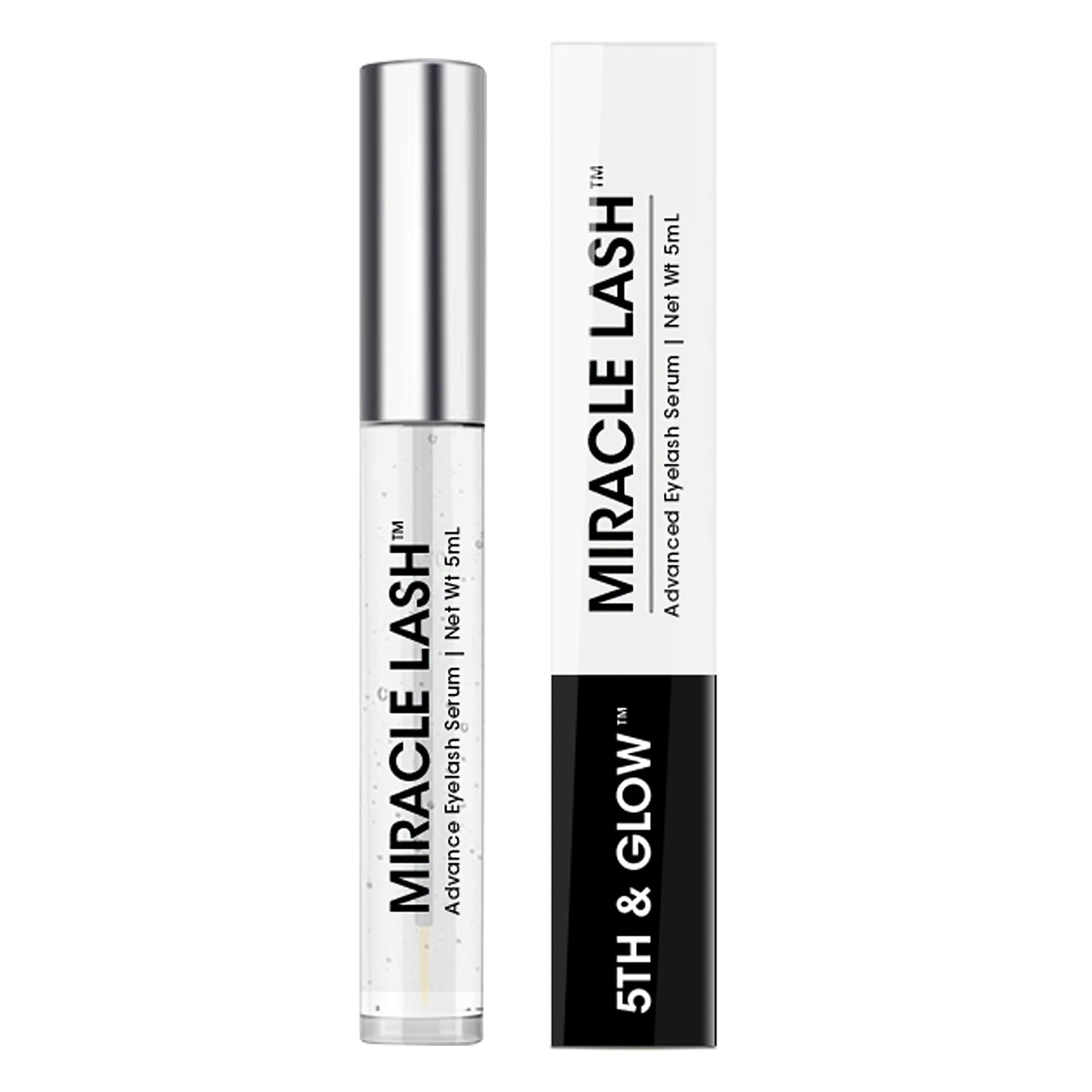 5th & Glow Miracle Lash serum bottle nourishes lashes for healthier, fuller look.