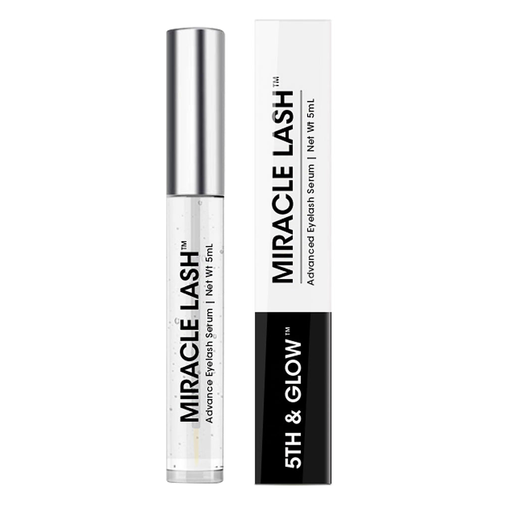 5th & Glow Miracle Lash serum bottle nourishes lashes for healthier, fuller look.