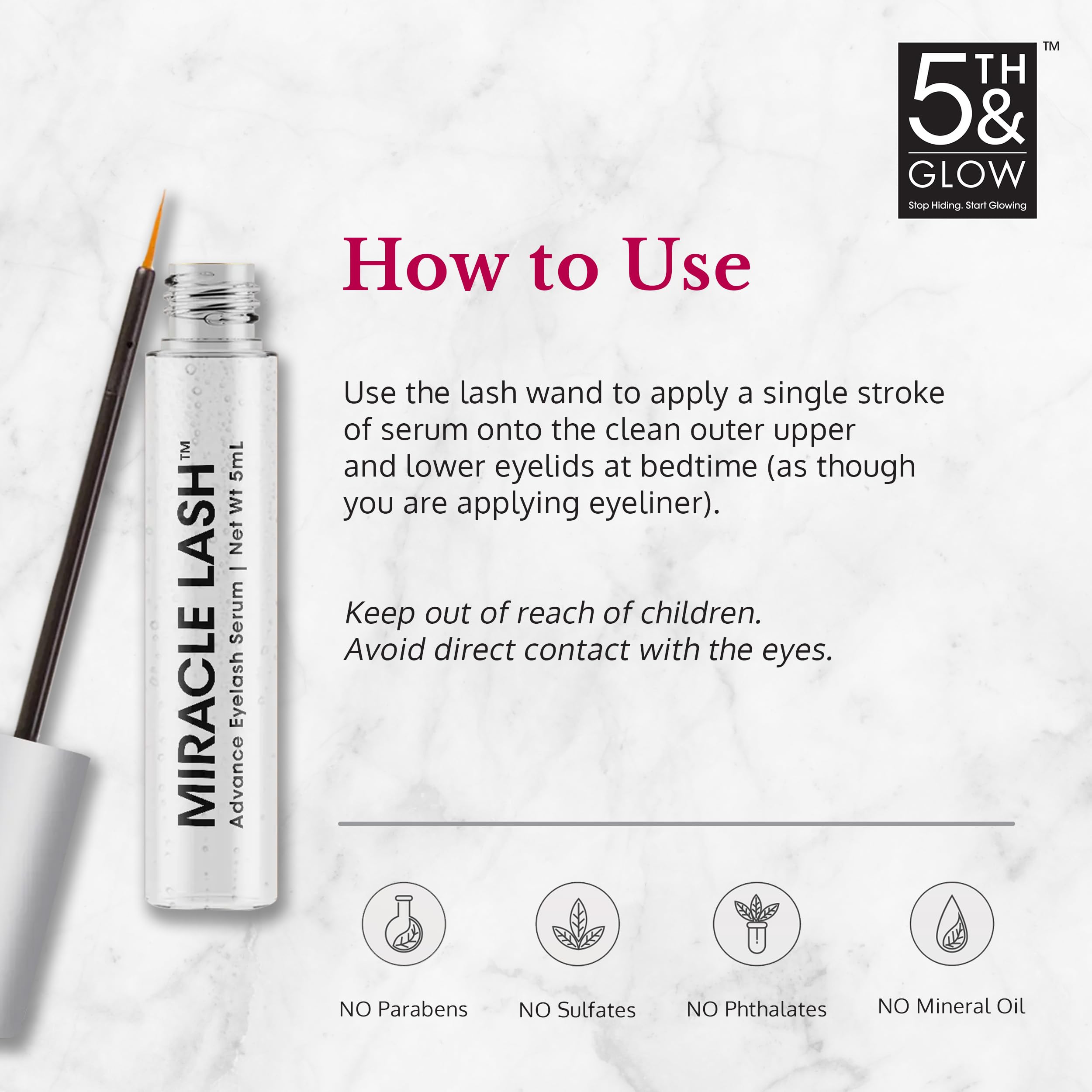 5th & Glow Miracle Lash serum daily-use near bottle showing gentle lash care.