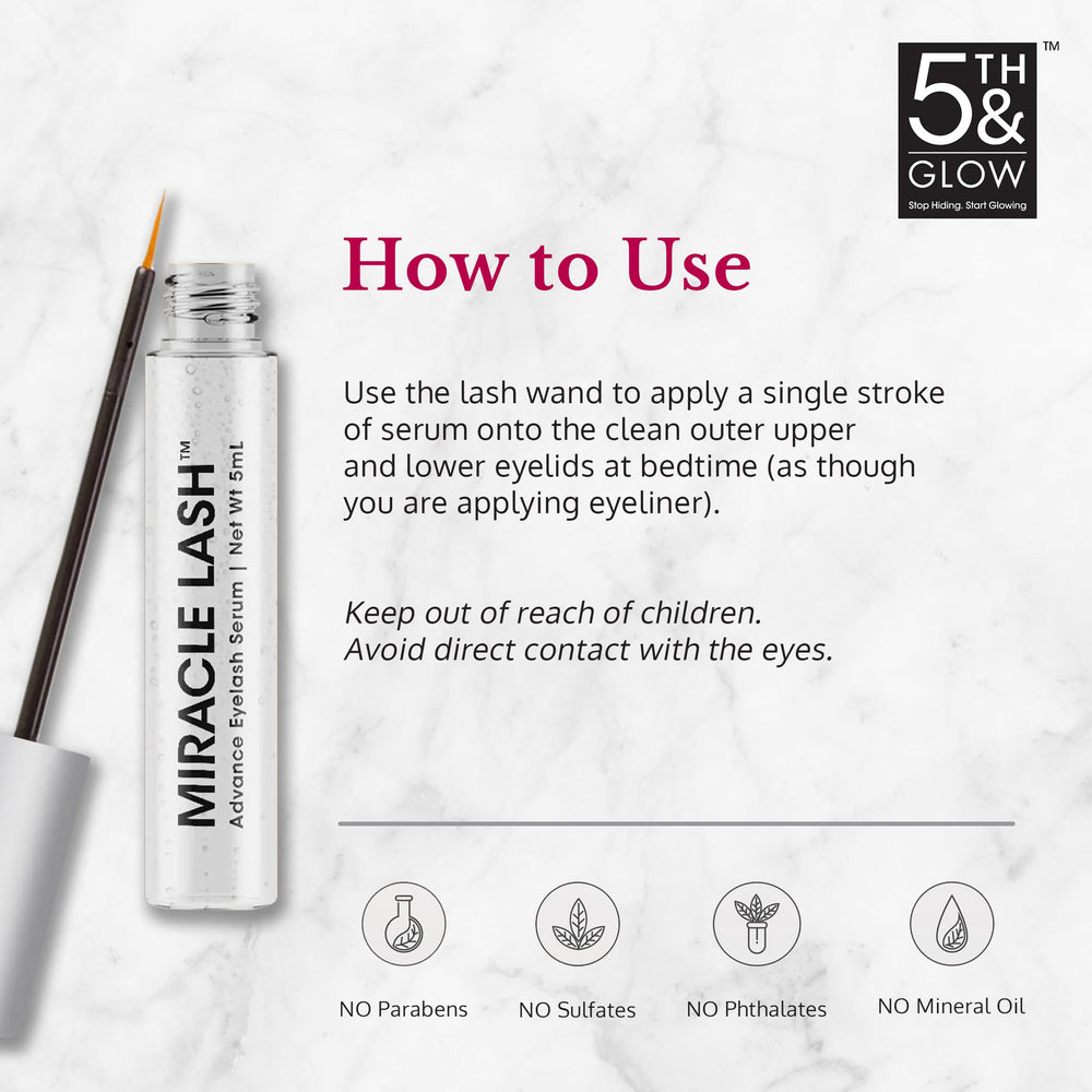 5th & Glow Miracle Lash serum daily-use near bottle showing gentle lash care.