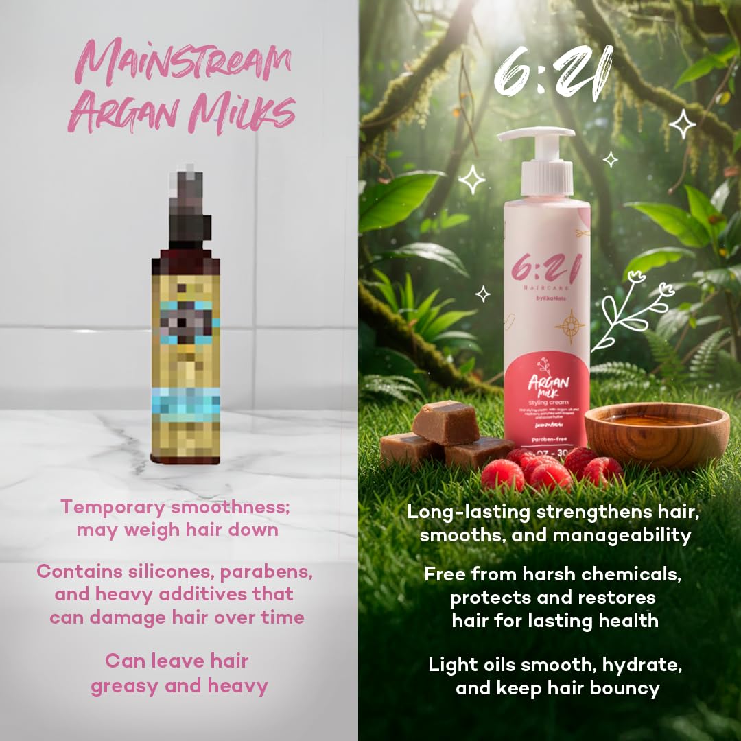 621 Argan Milk Leave-In ingredients list featuring argan oil, flaxseed, and cocoa butter.