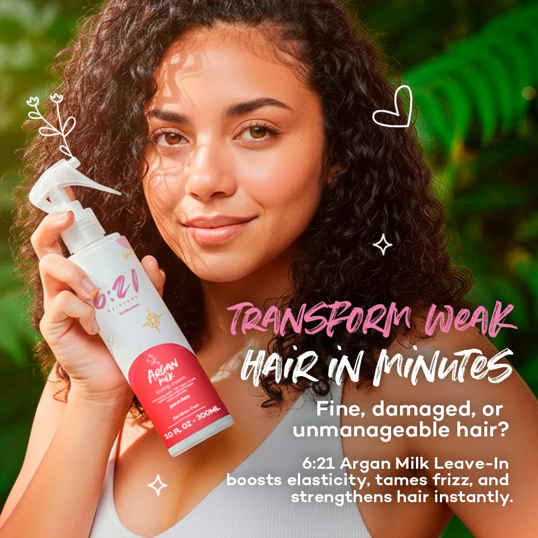 621 Argan Milk Leave-In shown after pool or beach day for humidity resistance.