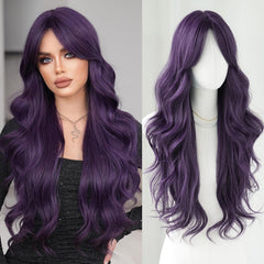 7JHH WIGS 31in purple long water-wave wig with curtain bangs for daily style