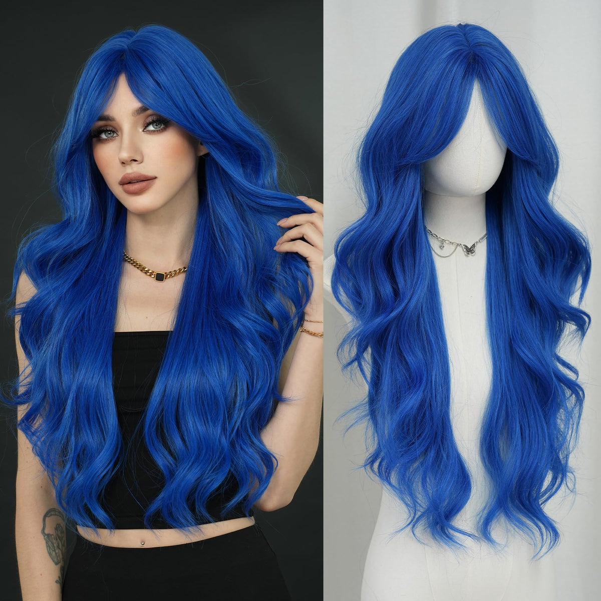 7JHH WIGS blue long water body wig with curtain bangs for daily wear