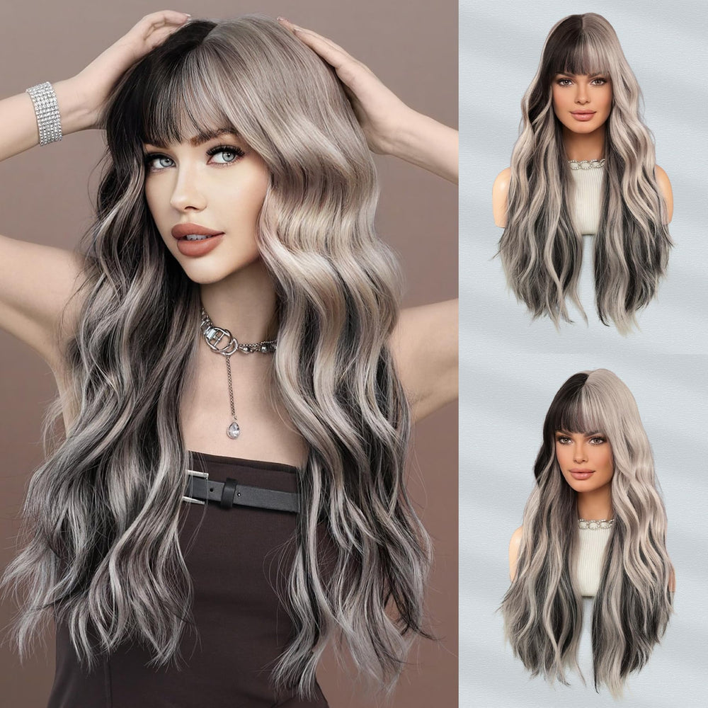 7JHH WIGS long, wavy silver grey with bangs for everyday elegance.